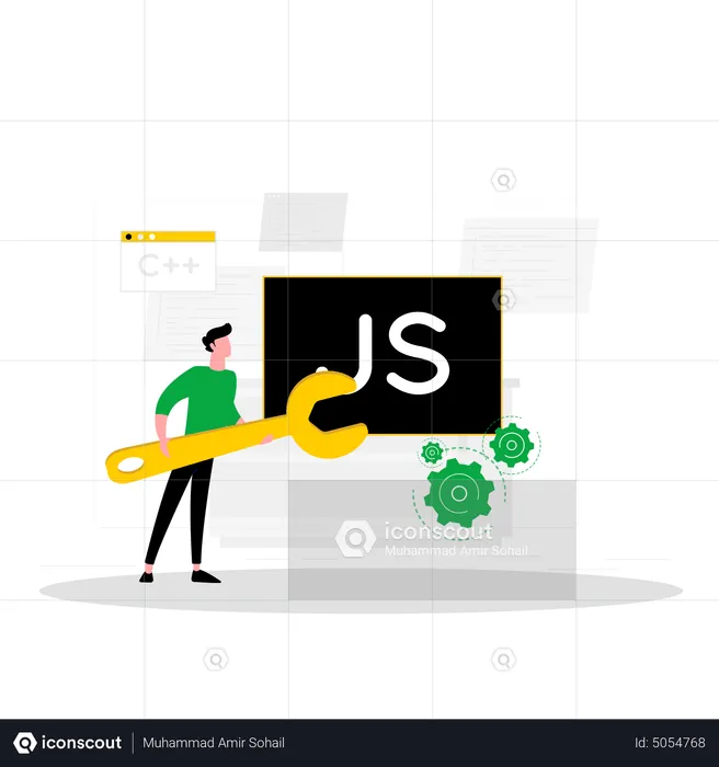 Männlicher JS-Entwickler, der mit Javascript arbeitet  Illustration