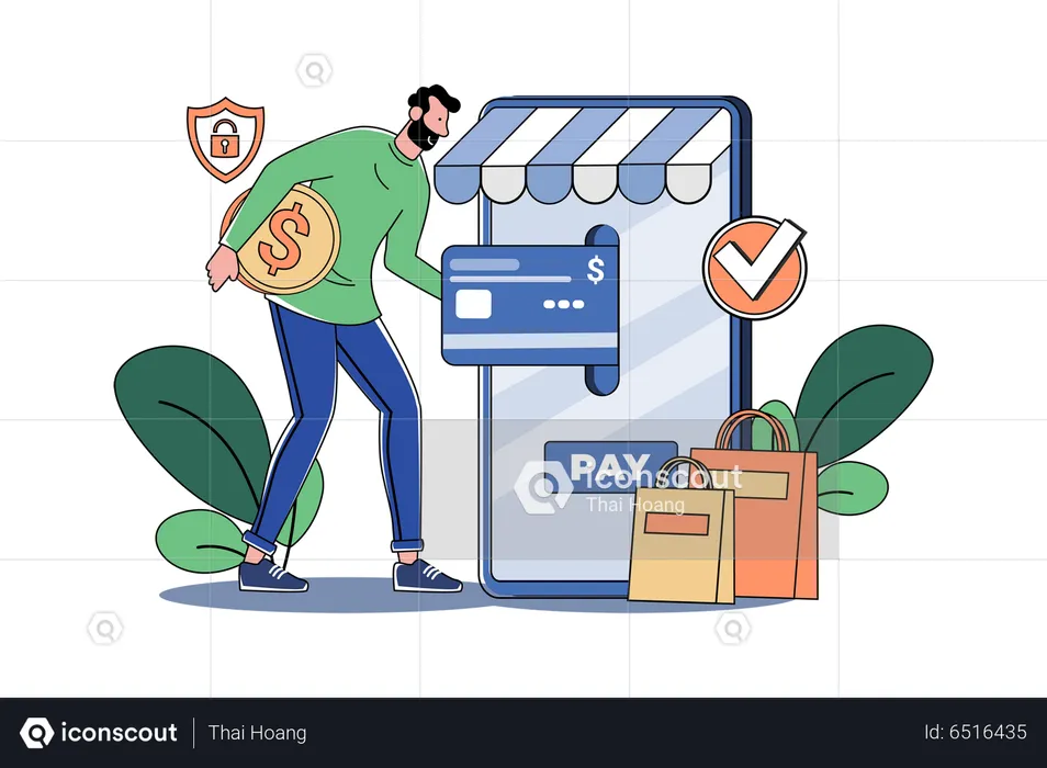 Männlicher Kunde bezahlt Rechnung mit Kreditkarte  Illustration