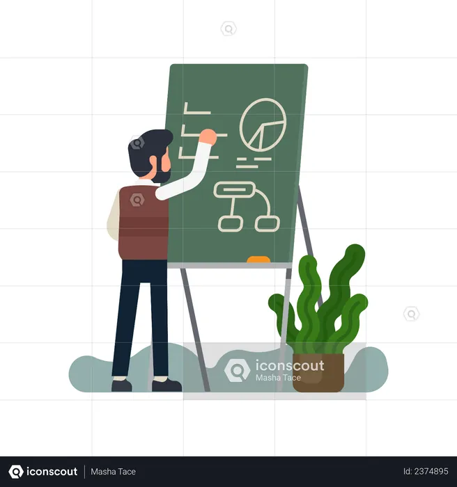 Männlicher Lehrer schreibt Informationen an die Tafel  Illustration