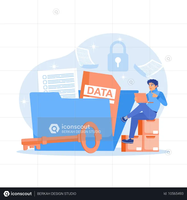 Männlicher Mitarbeiter verwaltet Daten, während er Dateninformationen sicher sammelt und speichert  Illustration