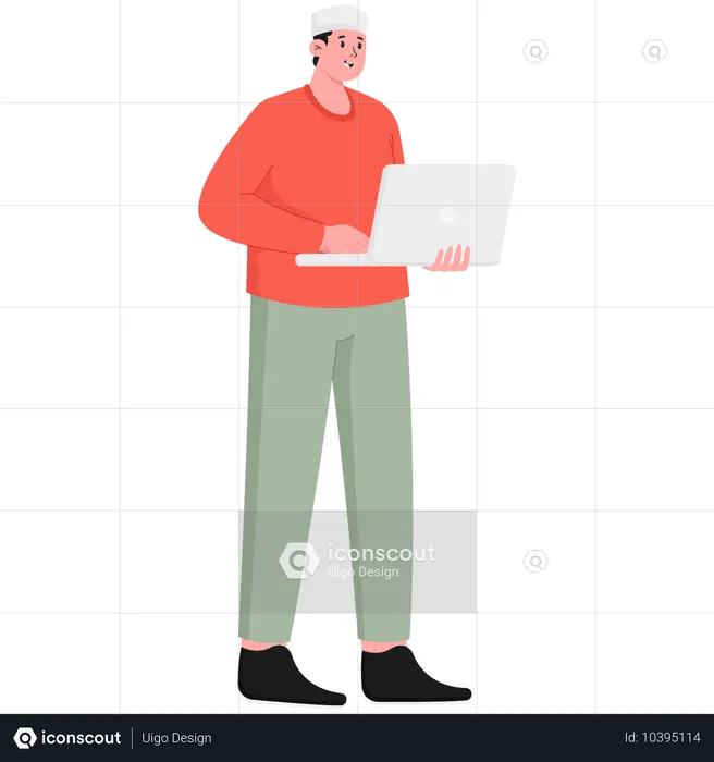 Männlicher muslimischer Student studiert mit Laptop  Illustration