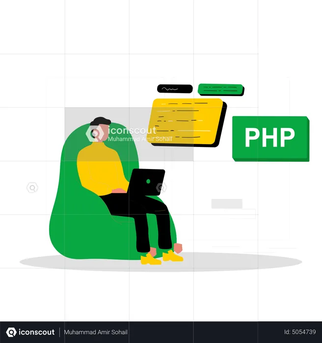 Männlicher PHP-Entwickler arbeitet an Sitzsack  Illustration