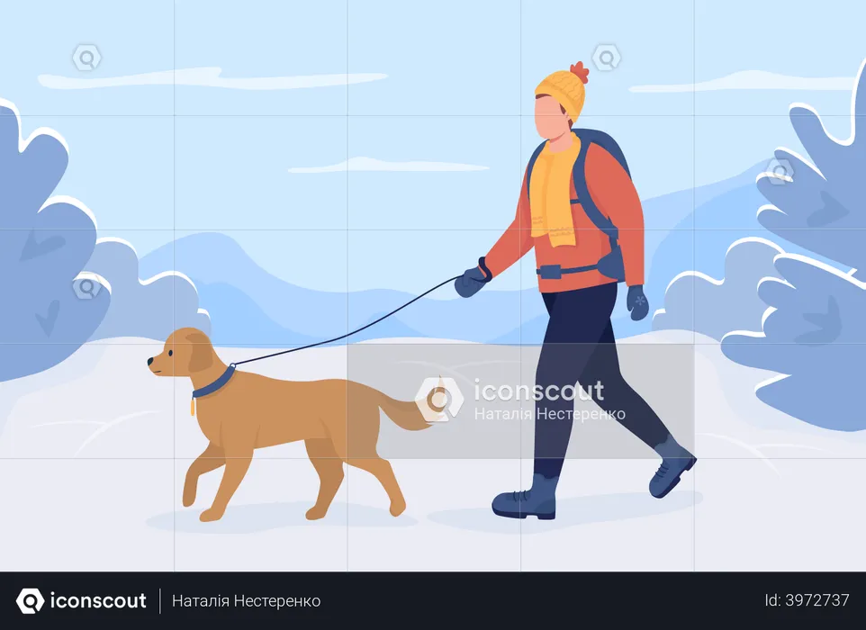 Männlicher Reisender geht mit Hund spazieren  Illustration