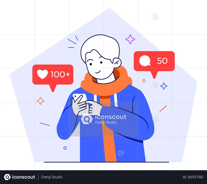 Männlicher Social-Media-Benutzer, der Social-Media-Beitrag mit „Gefällt mir“ markiert  Illustration