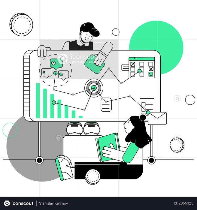 Männliche und weibliche Mitarbeiter bei der Planung für digitales Marketing  Illustration