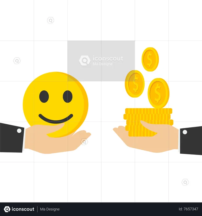 Mano de hombre de negocios ofreciendo dinero para comprar cara sonriente de felicidad  Ilustración