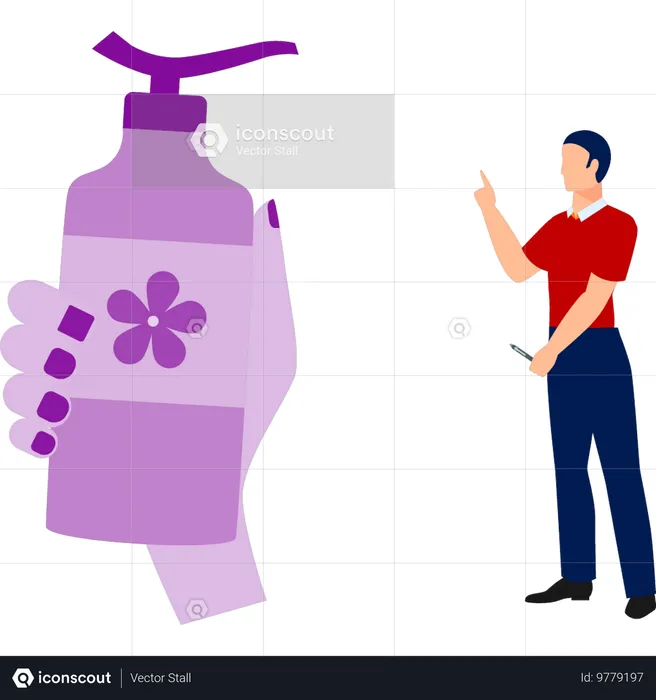 Mano de niña sosteniendo una botella de spray de fragancia  Ilustración