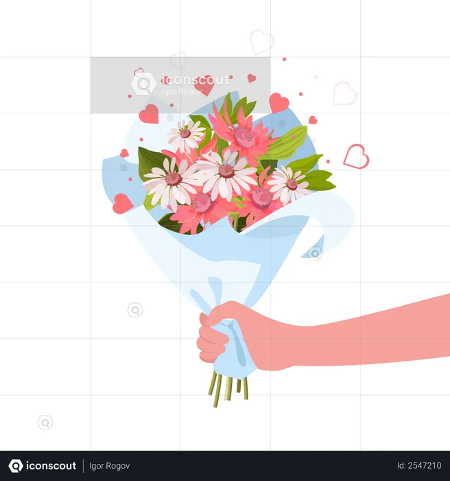 Mano o persona dando ramo de flores.  Ilustración