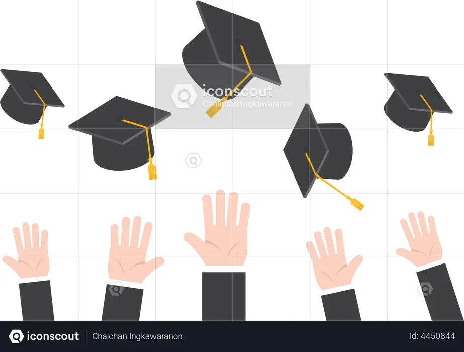 Manos de hombre de negocios lanzando sombrero de graduación al aire  Ilustración