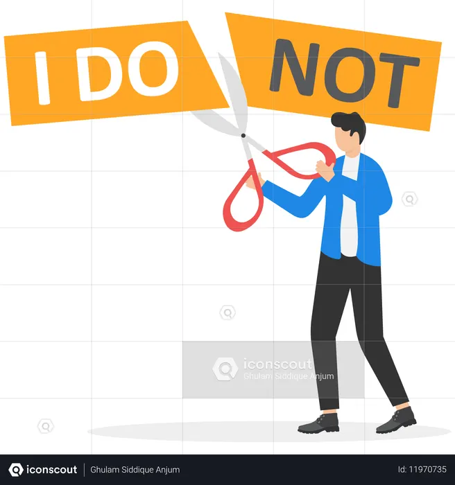 Manos humanas usando tijeras cortan la palabra No escribo  Ilustración