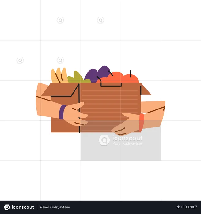 Manos humanas sosteniendo una caja de comida.  Ilustración