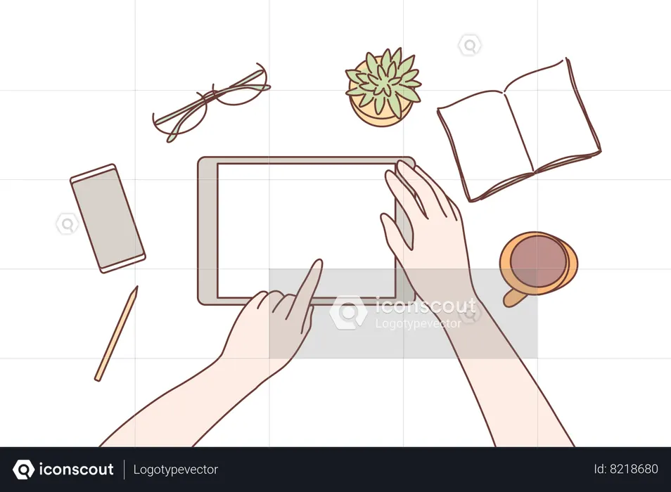 Manos humanas usando tableta en la oficina para comunicación en redes sociales  Ilustración