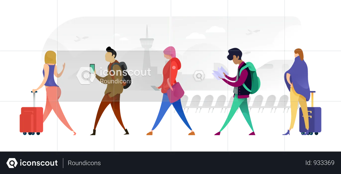 Many Nationalities Walking Across With Their Bags  Illustration