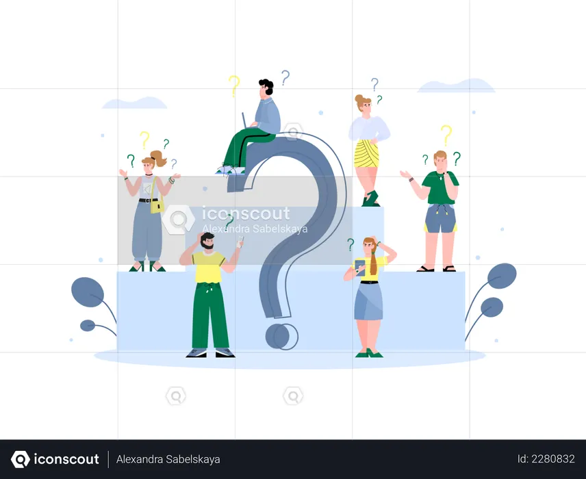 Many peoples thinking and one man sitting on question mark  Illustration