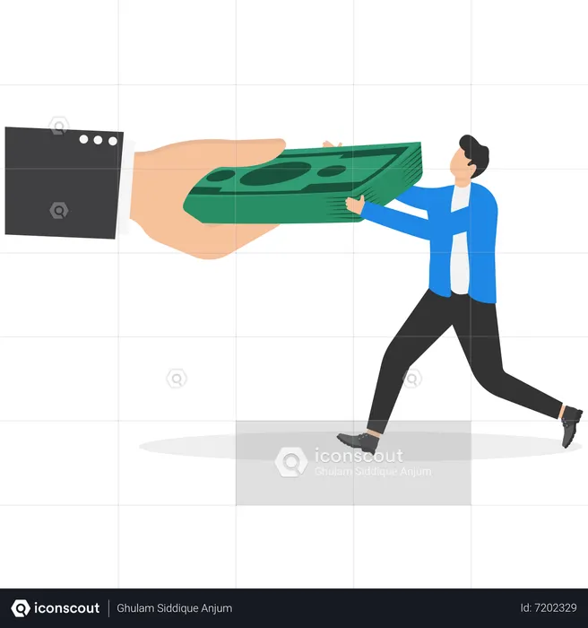 Mão grande puxando cabo de guerra de notas de dinheiro com pequeno empresário  Ilustração