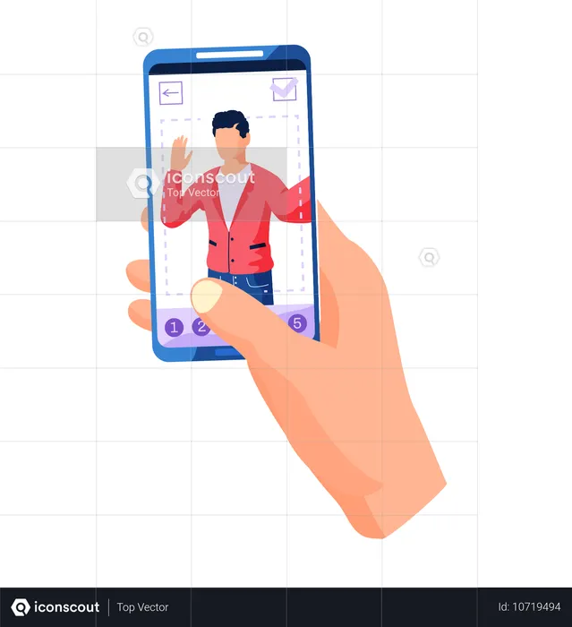 Mão segurando telefone com filtros para interface de tela de selfie moldura de foto com homem acenando com a mão  Ilustração