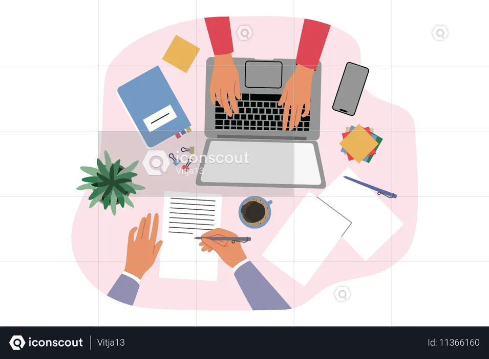 Mãos de empresários trabalhando no escritório à mesa  Ilustração