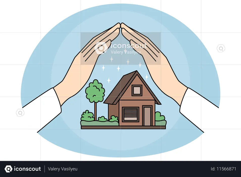 Mãos protegendo modelo de casa  Ilustração