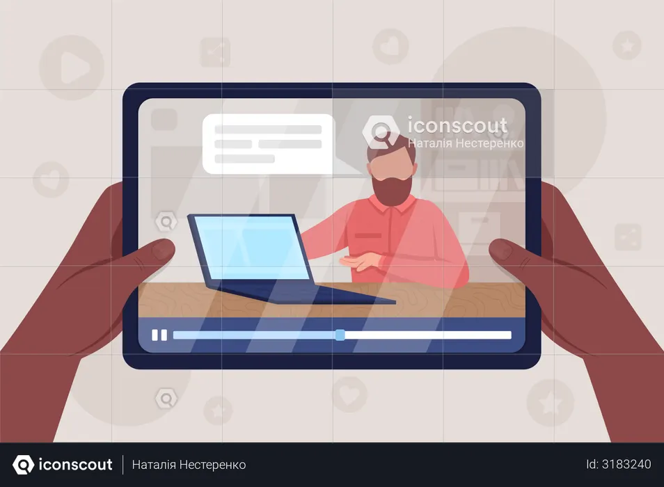 Mãos seguram tablet com computador desempacotando vídeo  Ilustração