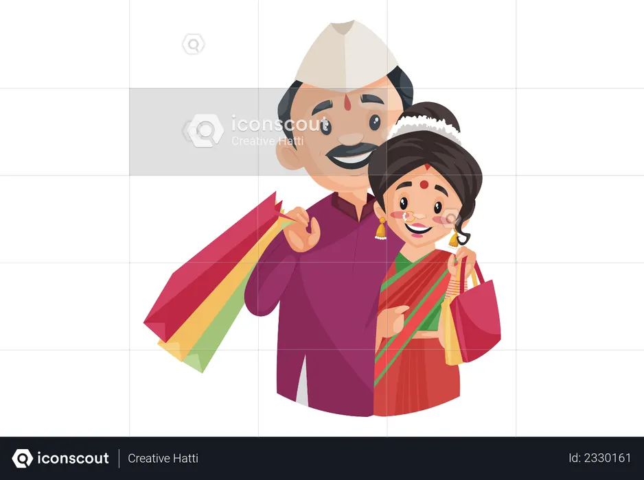 Marathi couple is holding shopping bags in hands  Illustration