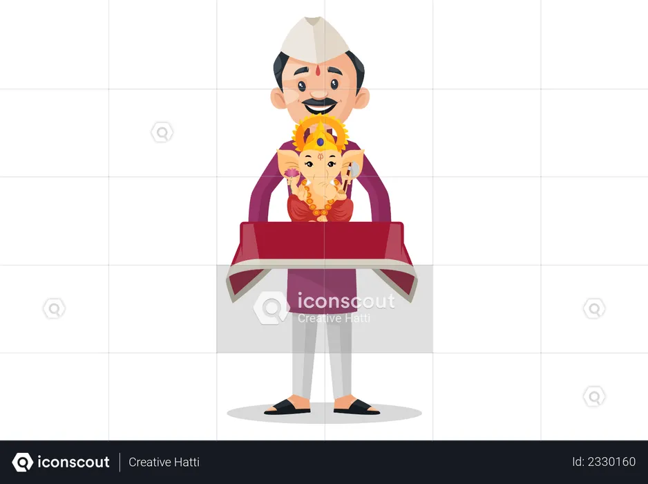 Marathi man is holding Lord Ganesh idol in hands  Illustration