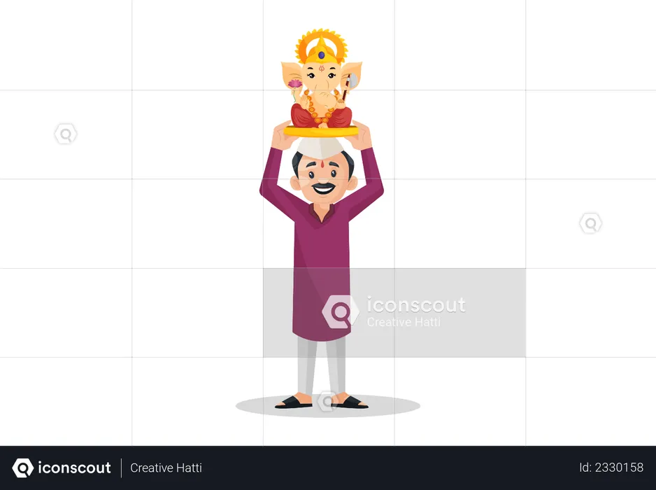 Marathi man is holding Lord Ganesh idol on his head  Illustration