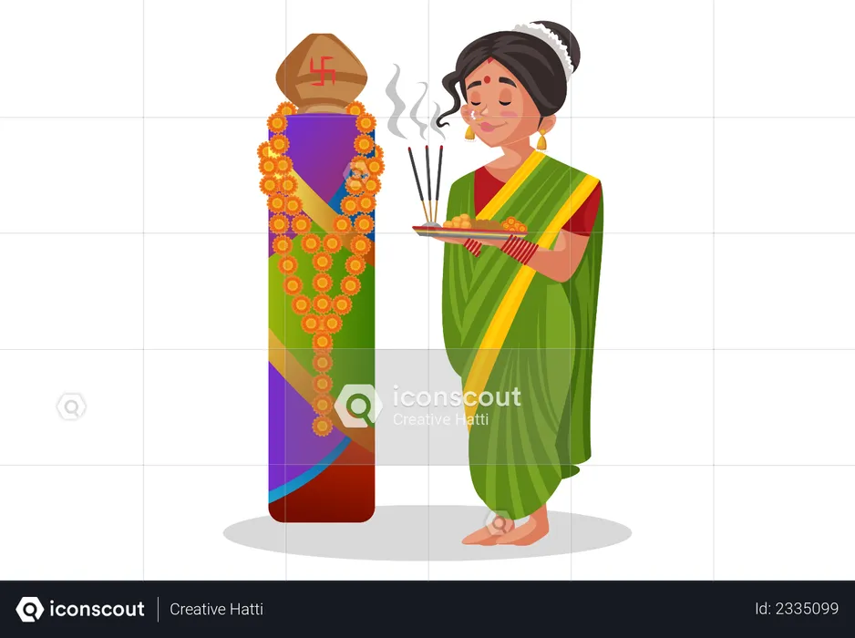 Marathi woman doing worshiping with Puja thali  Illustration