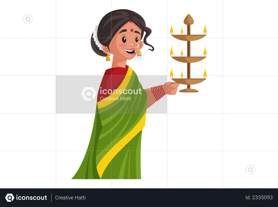 Marathi woman is holding brass aarti lamp in her hands  Illustration