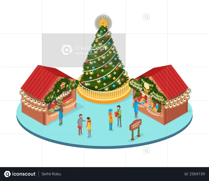 Marché de vacances d'hiver avec des gens à la foire de Noël  Illustration