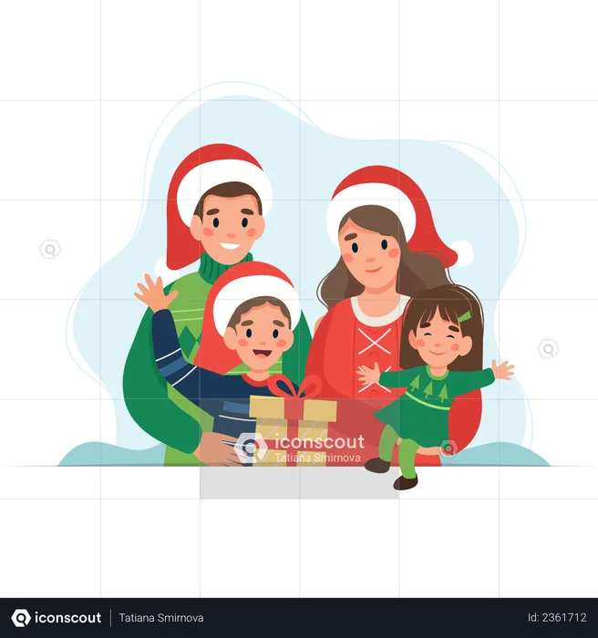 Marido y mujer disfrutando del día de Navidad con sus hijos  Ilustración