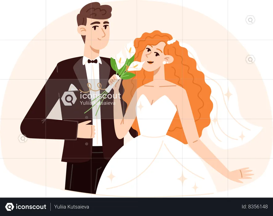 Mariée avec bouquet de fleurs et marié au mariage  Illustration