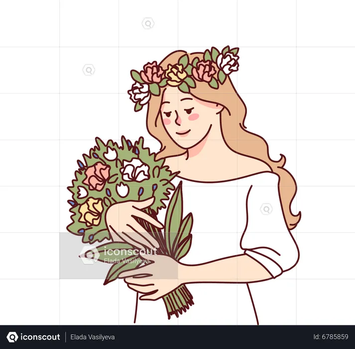 Mariée tenant un bouquet de fleurs  Illustration