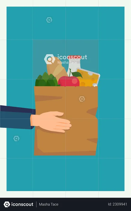 Market delivery service with hand holding shopping bag full of shopping items and goods  Illustration