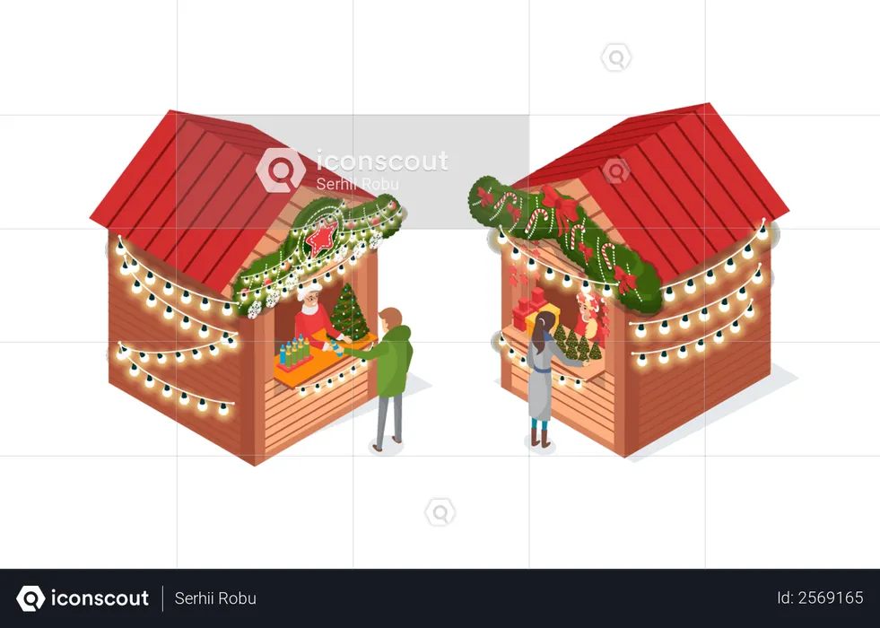 Market with Street Shops Kiosks where people buying decoration things  Illustration