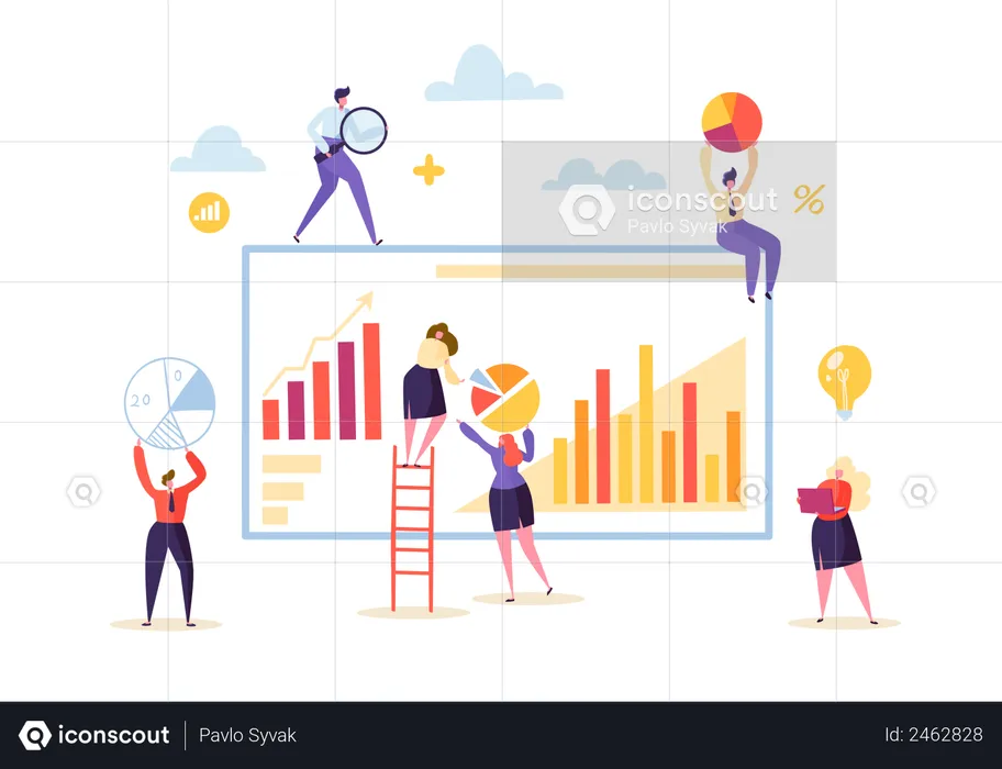 Marketing Analytics with Business People Characters Working Together with Diagrams and Graphs  Illustration