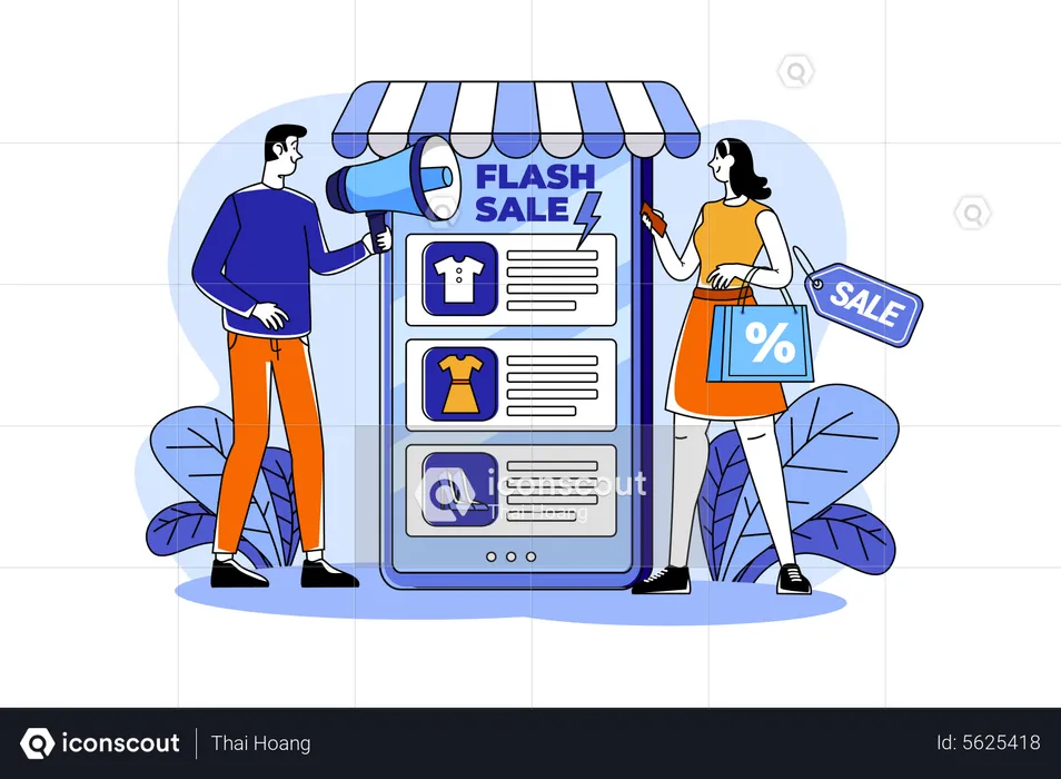 Marketing Man annonçant une vente flash en ligne  Illustration