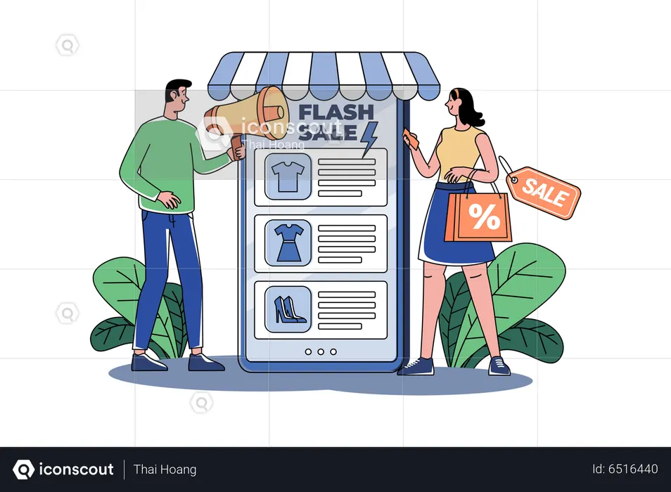 Marketing Man annonçant une vente flash en ligne  Illustration