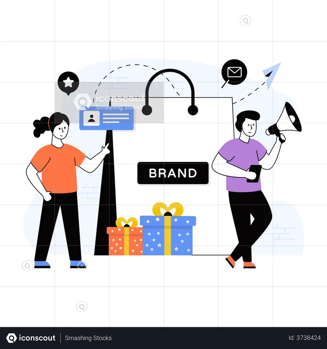 Marketing managers promoting brand using megaphone  Illustration