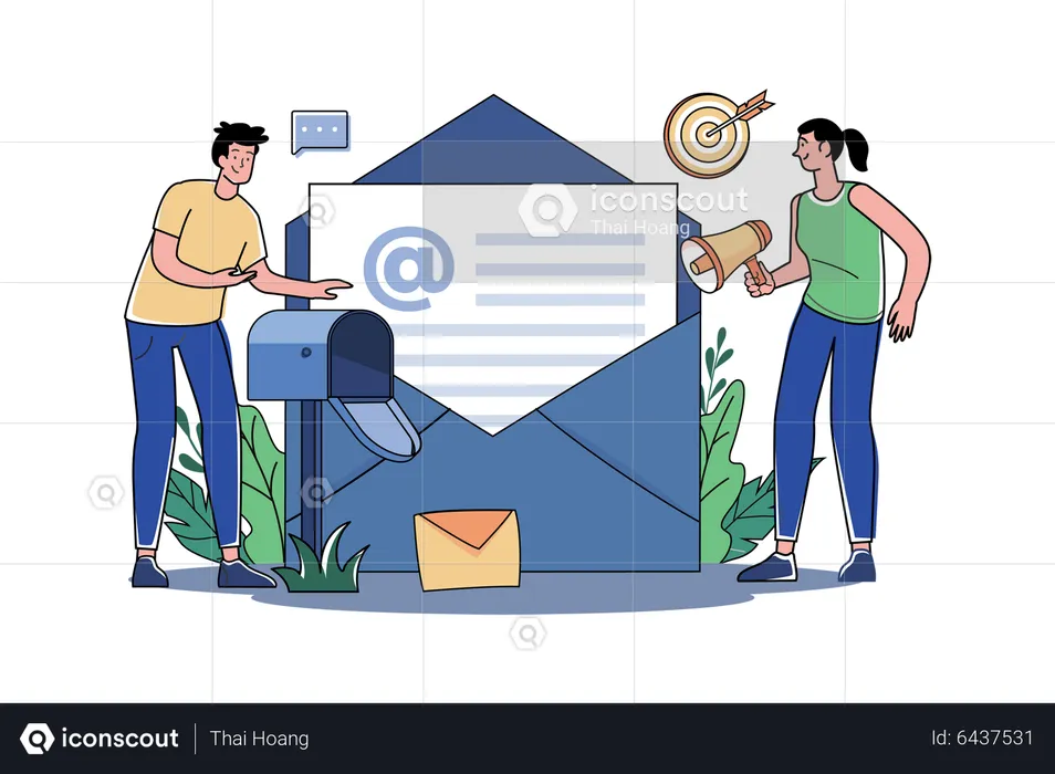 Pessoas de marketing fazendo marketing por e-mail  Ilustração