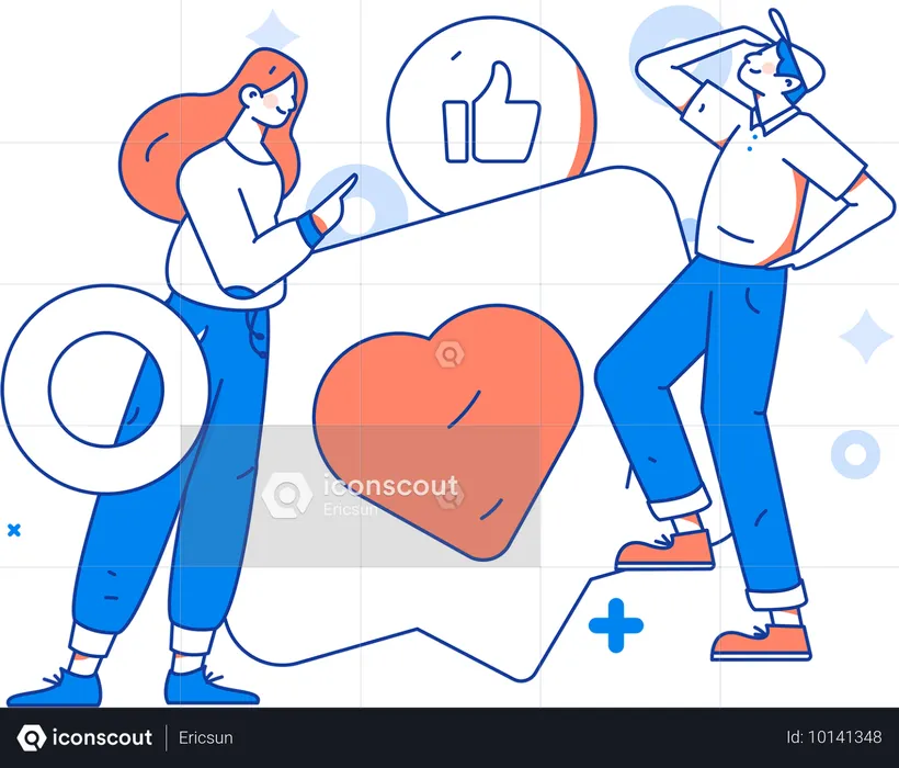 Hombre y mujer interactuando en redes sociales  Ilustración