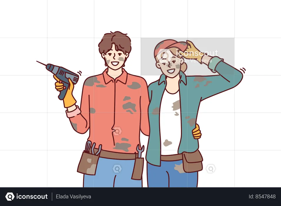 Married couple is engaged construction with own hands and poses in dirty clothes with screwdriver  Illustration