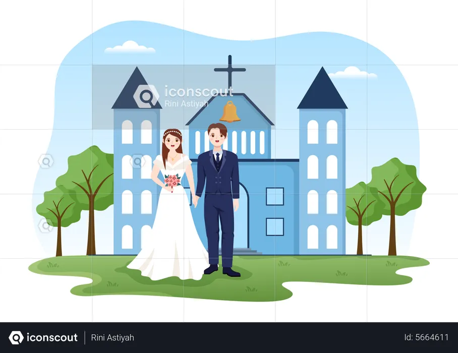 Married couple standing outside cathedral  Illustration