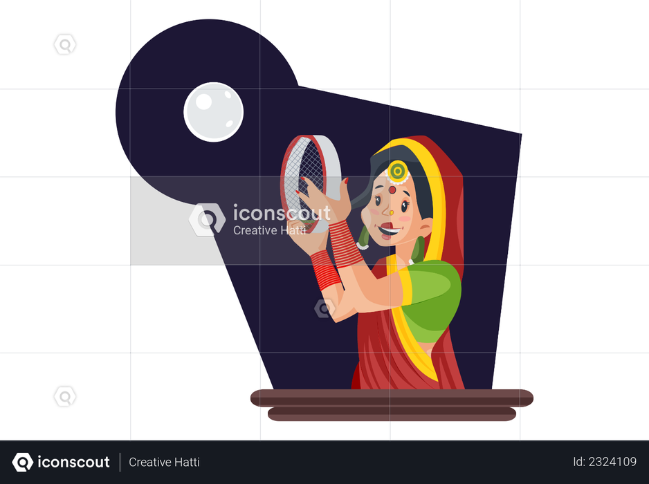 Married indian woman looking at moon using strainer Illustration
