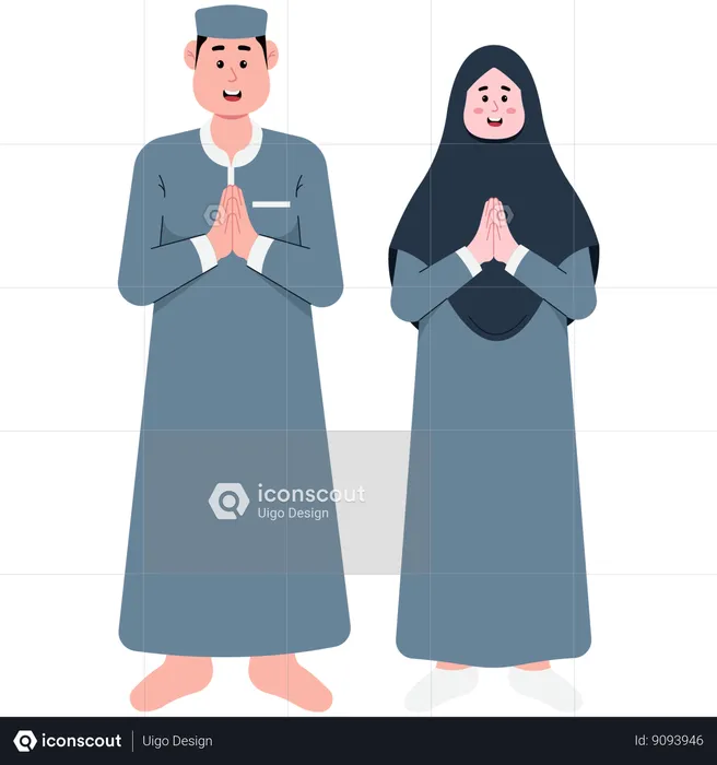 Married Muslim Couple Wishing You Happy Eid Al-Fitr  Illustration