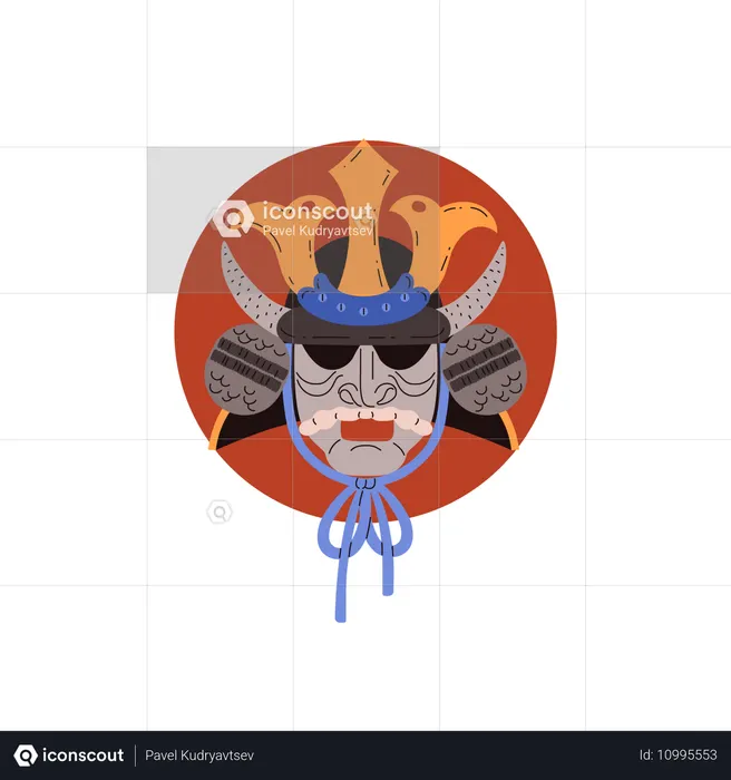 Máscara de guerrero samurái con emblema de círculo rojo  Ilustración