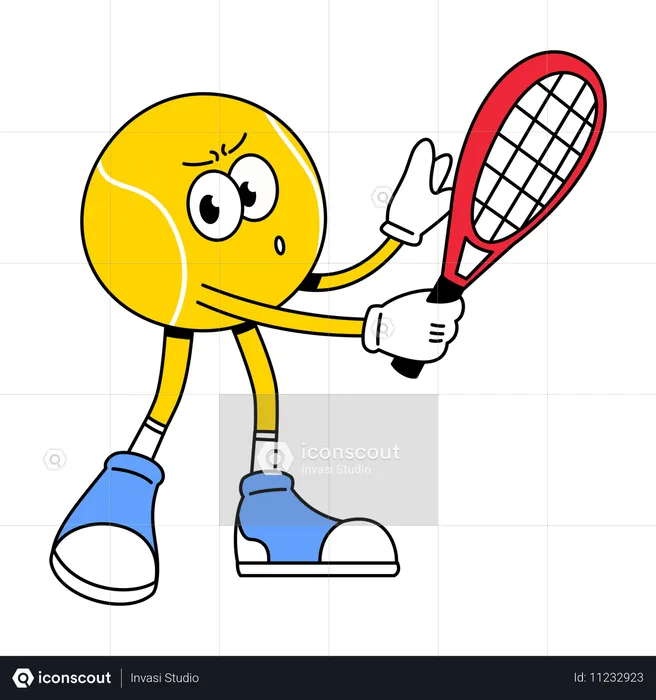 Mascota de pelota de tenis sosteniendo una raqueta con seriedad  Ilustración