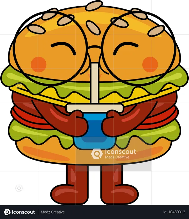 Mascota hamburguesa bebiendo jugo  Ilustración