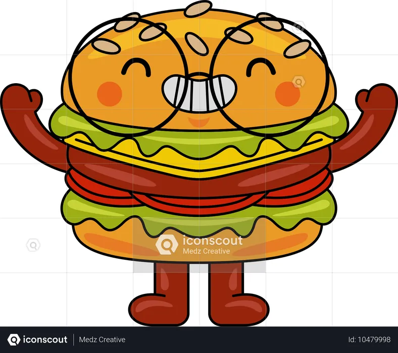 Mascota de hamburguesa levantando ambas manos  Ilustración