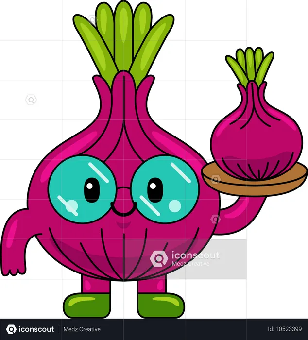 Personagem mascote cebola segurando prato de cebola  Ilustração