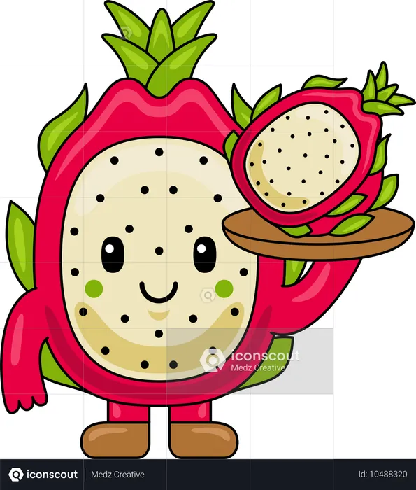 Mascote da fruta do dragão segurando a fruta do dragão  Ilustração